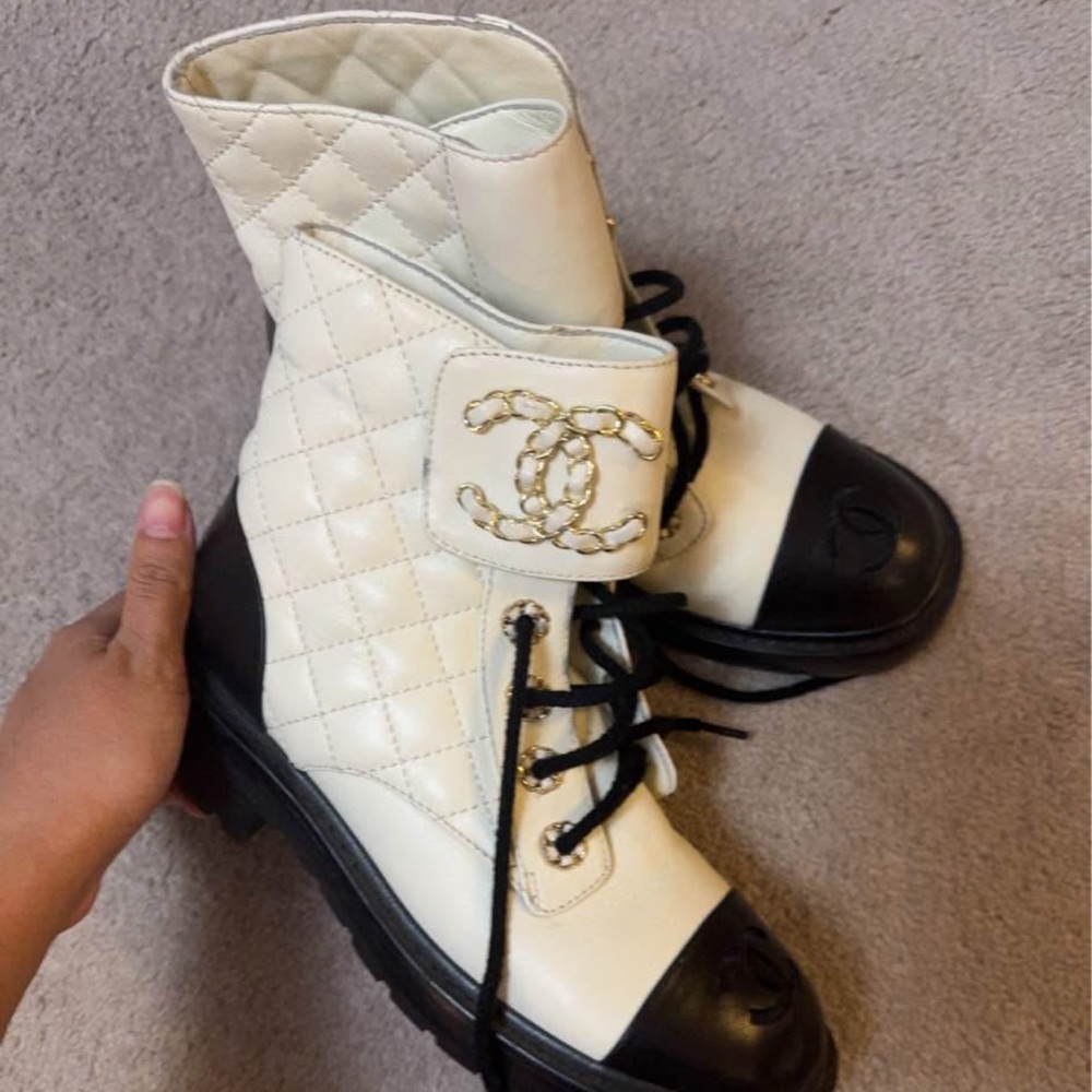 CHANEL Quilted Combat Boots - Black & Cream